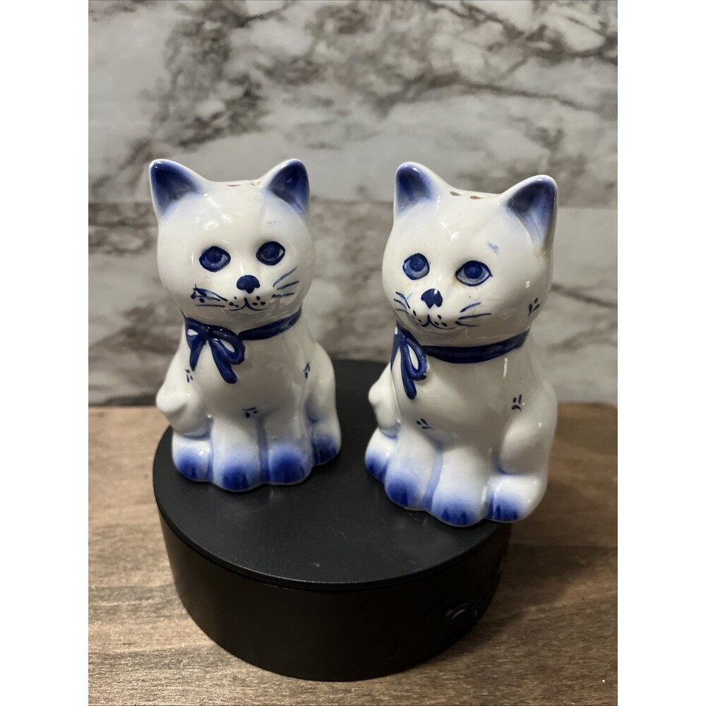 Blue & White Porcelain Cat Salt & Pepper Shakers Set